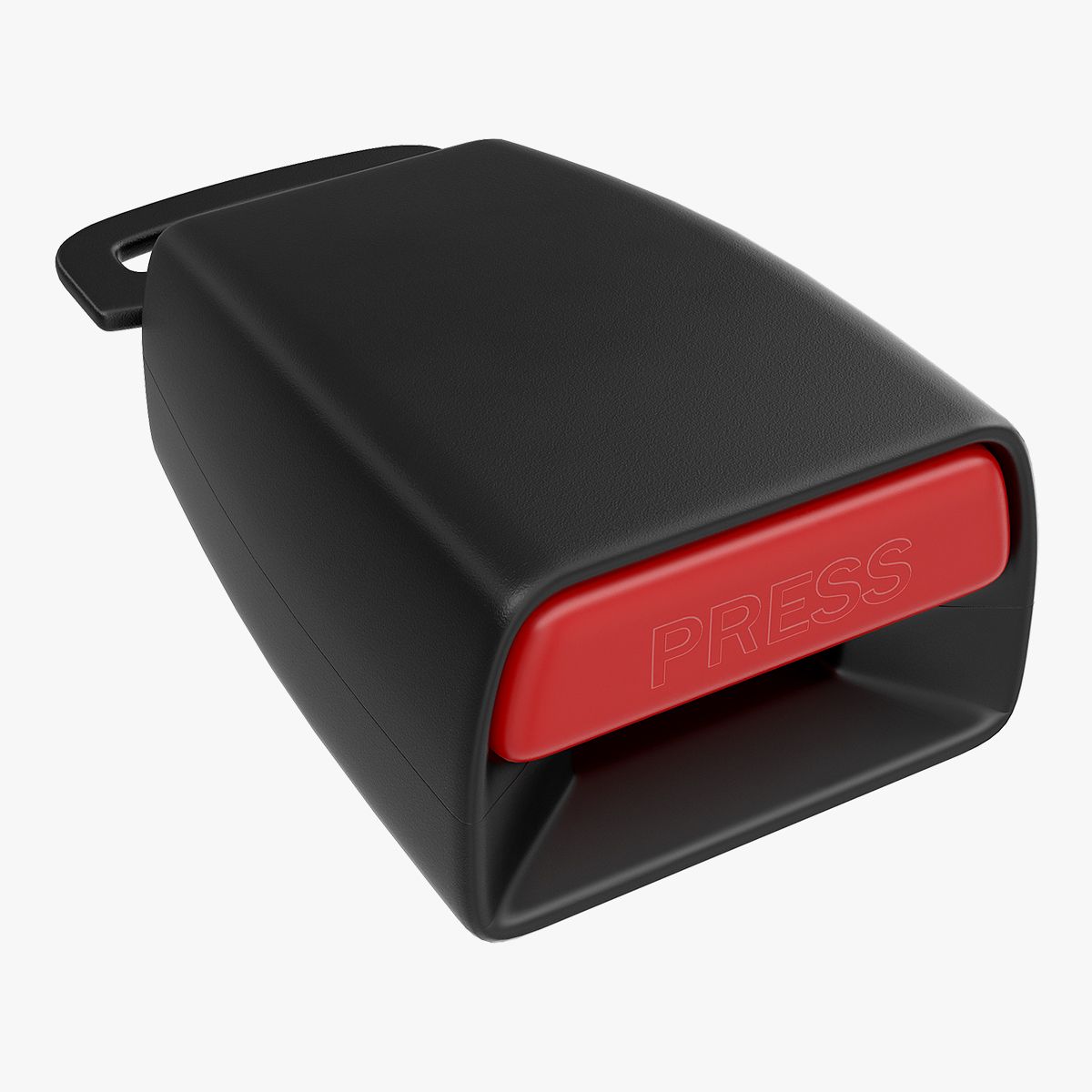 Product view of a black seatbelt buckle receiver with a red press release button, shown against a plain background.